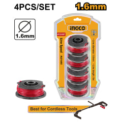 NYLON INGCO P/ORILLADORA 1.6 MM JGO.4 BOBINAS DE 5 MTS.C/U # ALS1602