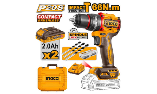 TALADRO ATORN. INGCO INALAMBRICO DE IMPACTO 20V - C/2 BAT.2.0AH Y 1 CARGADOR #CIDLI20668 (C)
