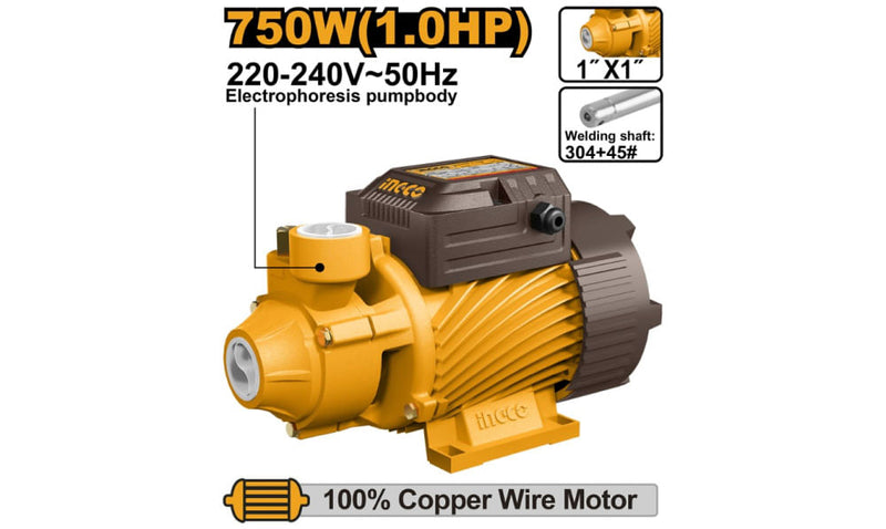 BOMBA AGUA INGCO PERIFERICA 750 WATTS - 1.0 HP MAX.SUCCION 8 MTS.# VPM75068