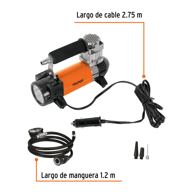 COMPRESOR AIRE TRUPER PORTATIL P/AUTO CON LINTERNA 0-35 PSI # COMP-12 (19999)