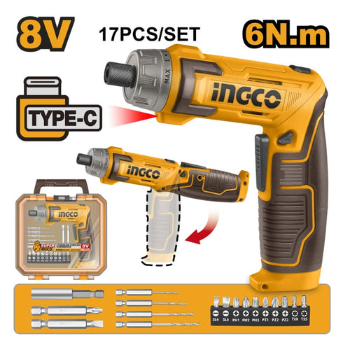 ATORNILLADOR INGCO INALAMBRICO 8V CARGA USB (CABLE NO INCLUIDO) 17 PZAS #CSDLI08025