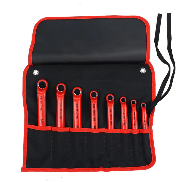 Set 8 llaves corona aisladas. medidas en pulgadas. en estuche