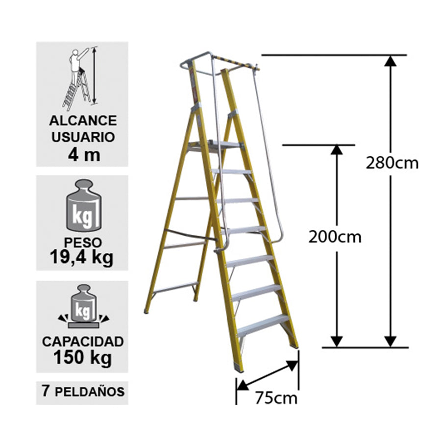 ESCALERA FIBRA VIDRIO PLATAFORMA 7 PELDAÑOS